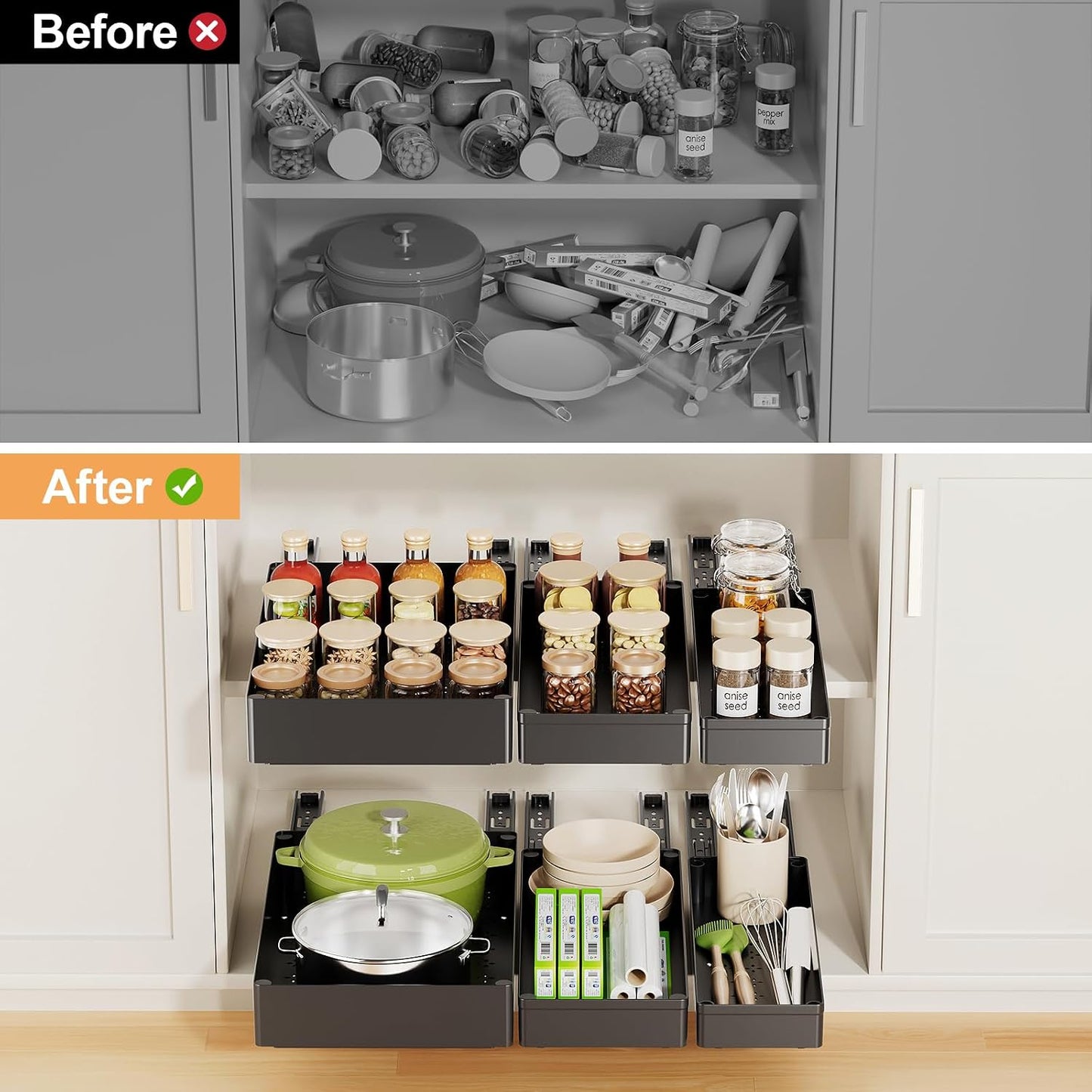 Delamu 3 Pack Pull Out Cabinet Organizer, 15.7"Deep Pull Out Drawers for Cabinets, Slide Out Drawers for Kitchen Cabinets, Bathroom Cabinet Organizer, Pantry (White)