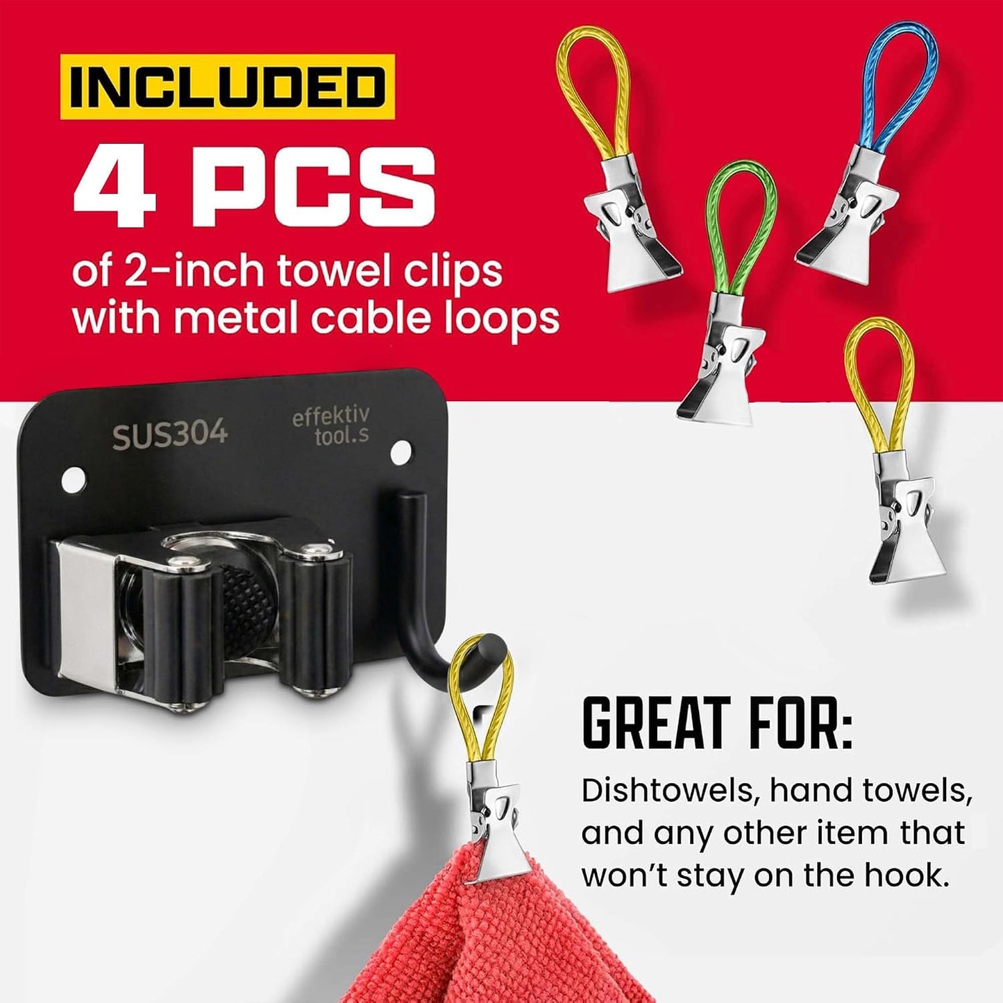Wall Mount Hanger for Brooms & Mops - Adhesive Stainless Steel Mops & Broom Holder, 4 Clamps, 3 Hooks, & 5 Towel Hanger Clips Including Mounting Hardware for Utility Room Organization