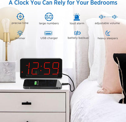 Peakeep Digital Alarm Clock for Bedroom Bedside, Large Display, USB Charger