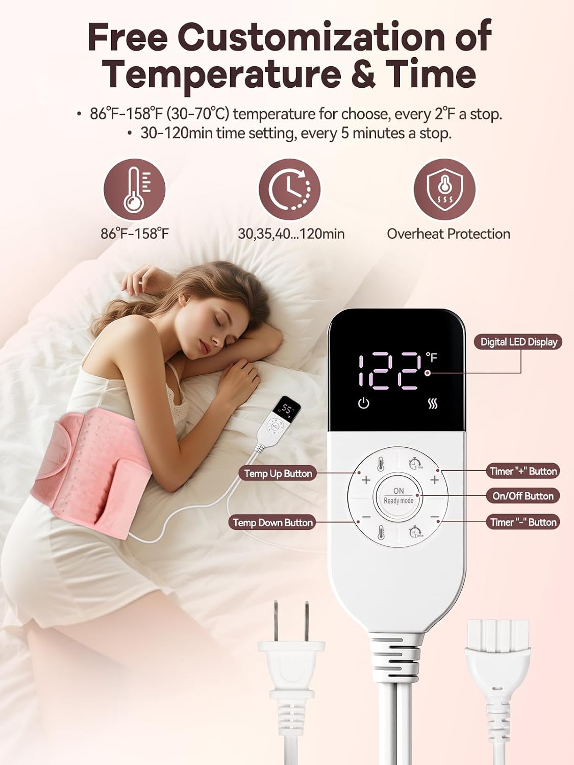 51" Heating Pad for Period Cramps Built with Hand Warmer Pocket, Controller Pocket & 9.84ft/3M Extra-Long Cord, Adj. Temp Timer Auto Shut Off Wrap Around Heated Pad for Women Back Abdomen Pain Relief