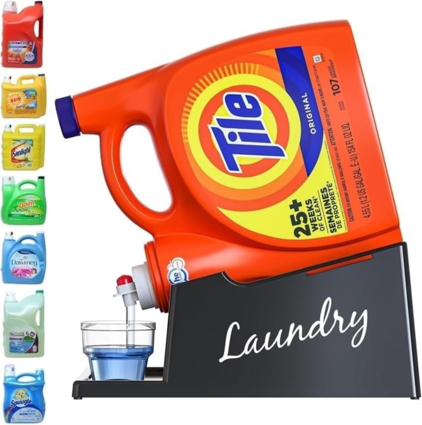 Skywin Liquid Laundry Detergent Holder Stand - 1 Pack - Black with Print | Easy Pouring, Rubber Feet, Angled Stand, Fabric Softener Dispenser for Laundry Room Organization & Storage