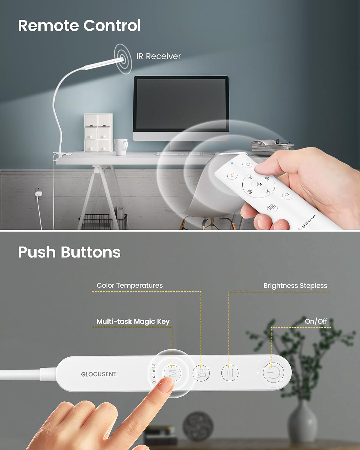 Glocusent Clip On Light, 5W Eye Caring Book Lights for Reading | 5 Color & 5 Brightness with a Remote, 30-Min Auto Off Timer, Multi-Purpose Clip Lamp for Bed Reading/Studying/Working