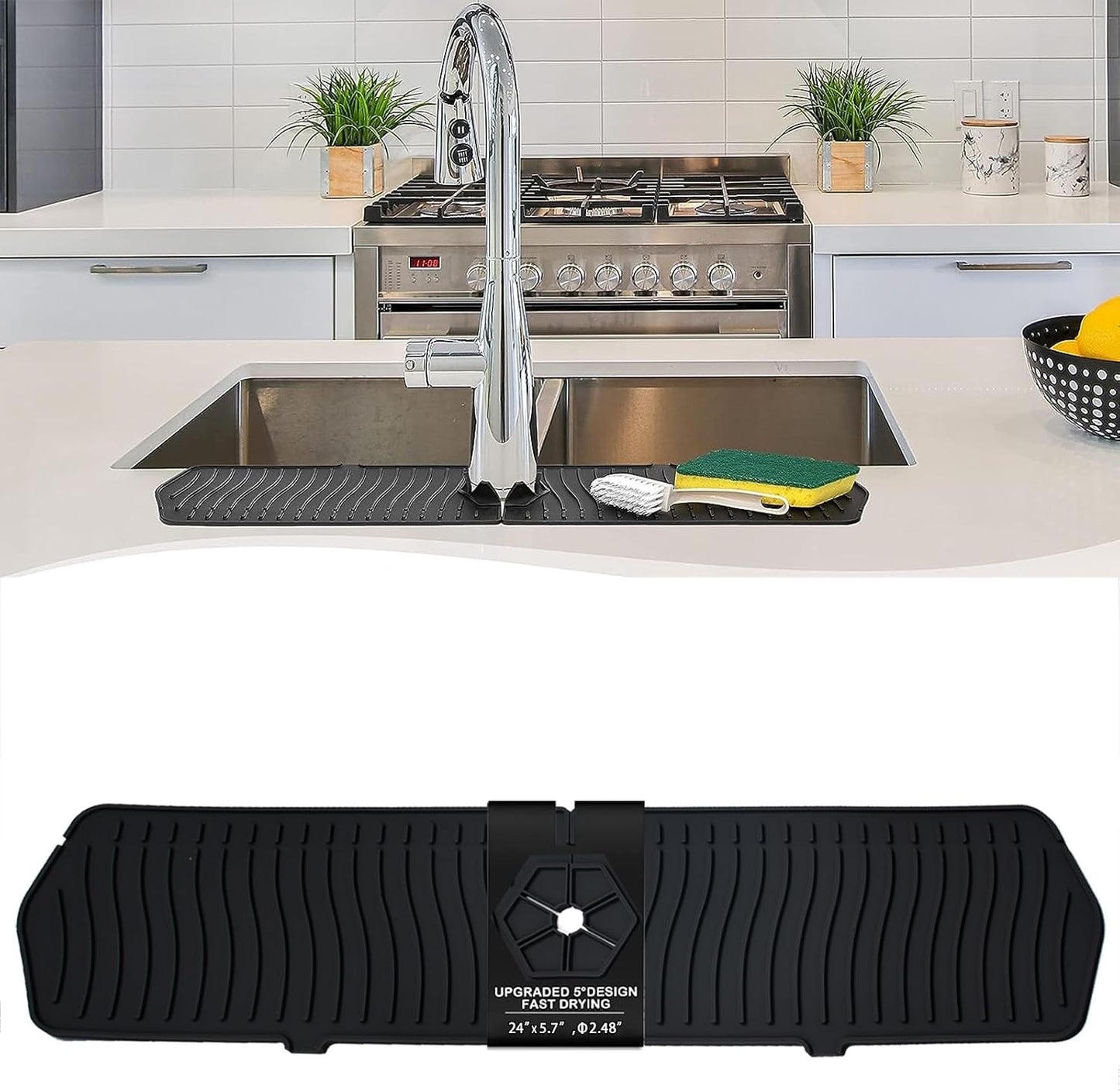 Kitchen Faucet Sink Splash Guard, 24" x 5.6'' Upgrade Silicone Faucet Water Catcher Mat, Sink Draining Pad Behind Faucet, Rubber Drying Mat for Countertop, Bathroom, Farmhouse, RV (Black)