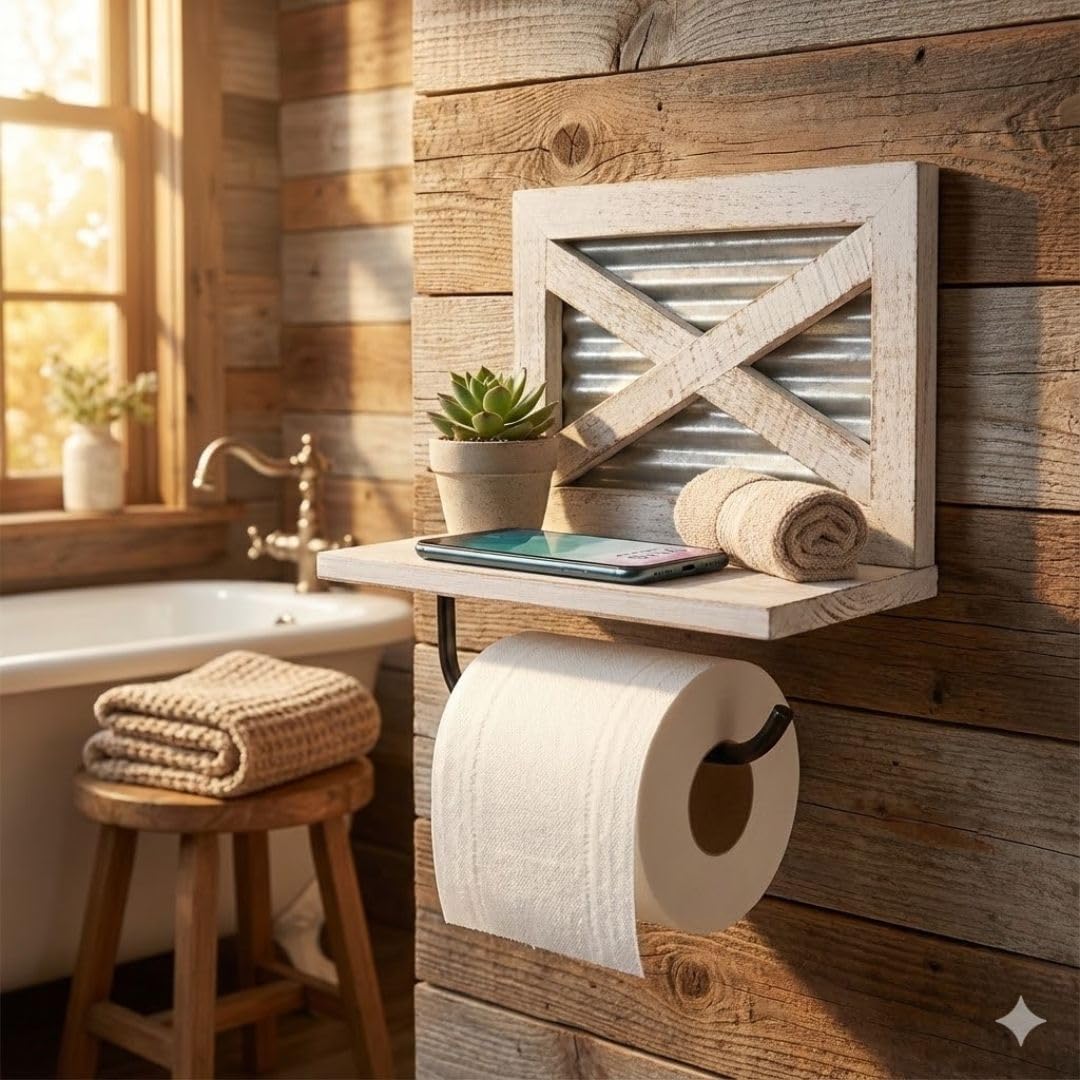 Autumn Alley Rustic Farmhouse Toilet Paper Holder with Shelf for Wipes - Rustic Farmhouse Bathroom Decor - Farmhouse Bathroom Accessories and Western Bathroom Decor Wall Mounted, Brown Wood