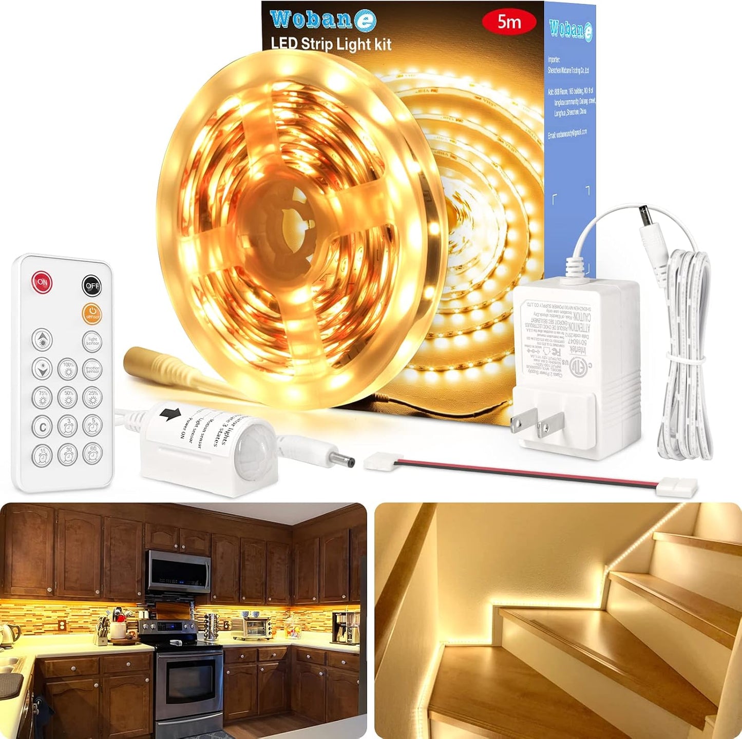 WOBANE 16.4ft Motion Sensor LED Strip with Remote,Warm White Tape Lighting | Dimmable LED Strip Lights for Kitchen, Under Cabinet, Bedroom, Shelf, Bed, PIR Function,Night Light,Adapter,3000K Warm White