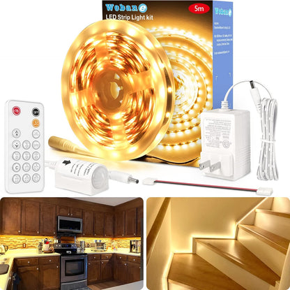 WOBANE 16.4ft Motion Sensor LED Strip with Remote,Warm White Tape Lighting | Dimmable LED Strip Lights for Kitchen, Under Cabinet, Bedroom, Shelf, Bed, PIR Function,Night Light,Adapter,3000K Warm White