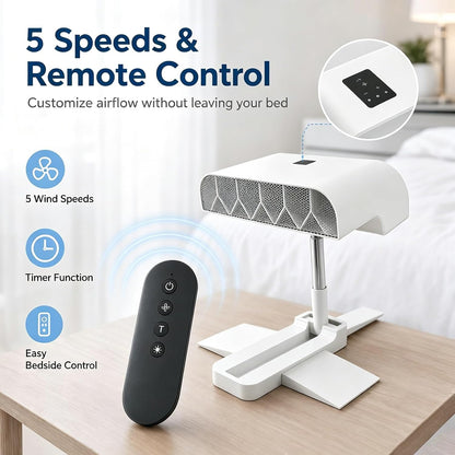 Under Sheet Cooling Fan, Mattress Air Circulator with Portable Remote, 5-Speed Quiet Personal Bedside Ventilator, Height Adjustable 22-53cm Stand, Cordless Sleep Comfort System