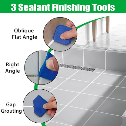 3 in 1 Caulking Tool, Silicone Sealant Finishing Tool, Caulk Remover Kit | Multi-functional set with grout scraper, silicone pads and caulk finishing tools for bathroom, kitchen, tub and tile sealing.