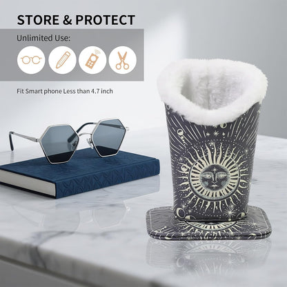 Plush Lined Eyeglasses Holder, Cute Magnetic PU Leather Glasses Stand Case for Women Men Kids