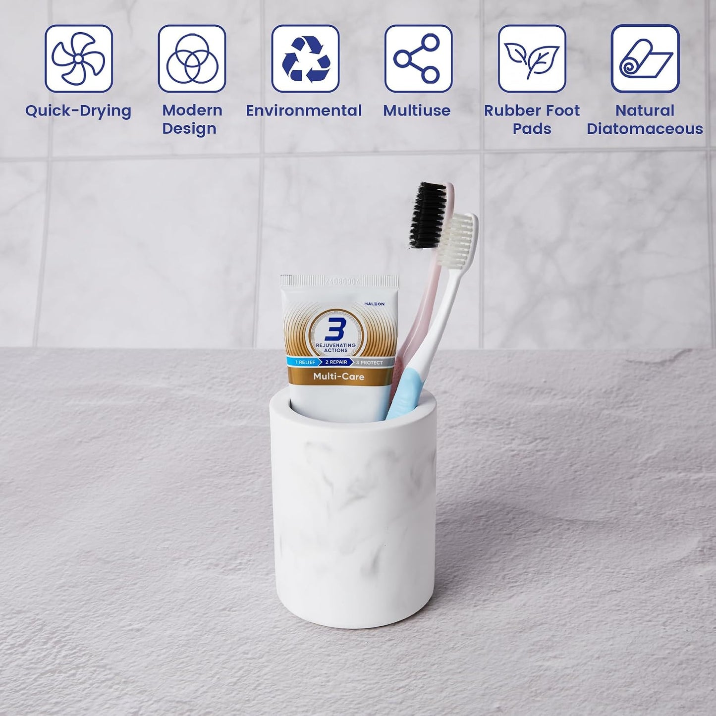 Drying Stone Toothbrush Holder, Diatomite Toothbrush Holders for Bathroom Counter, Quick Drying Electric Toothbrush and Toothpaste Holder Bathroom Organizer, Marble White