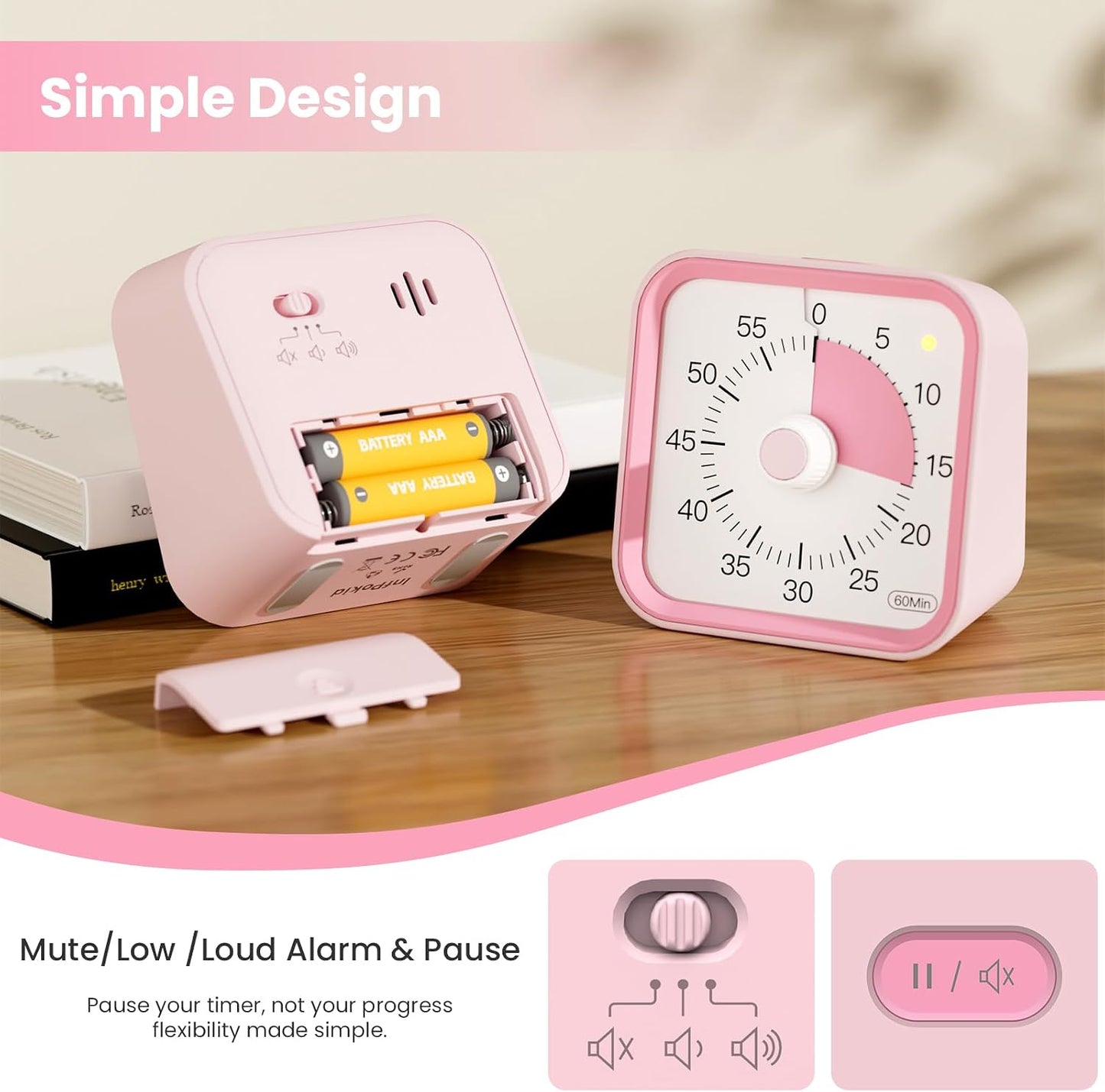 Visual Timer for Kids, Countdown Timer with Pause Function, White | Timer for Kitchen Cooking, Classroom, Study, Toddler, ADHD, Cute Timer Clock, Alarm 3 Volume Levels, Light Indicator