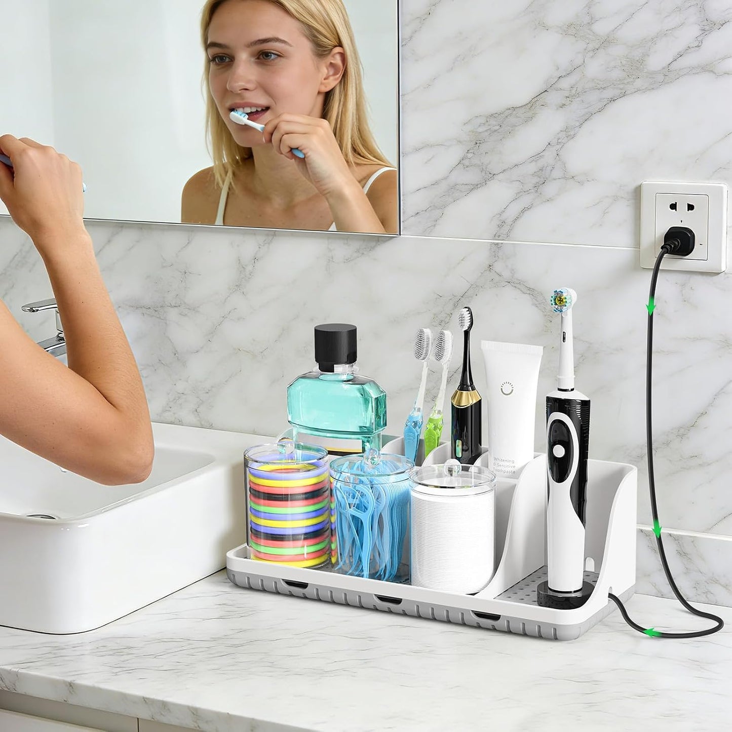 Bathrooms Toothbrush Holder Set with 3 PCS Qtip Holder (Wood Grain) | Easy to clean, Drainage, Detachable, Non-Slip, Kids Electric Toothbrush and Toothpaste Holder for Bathroom Counter Organizer