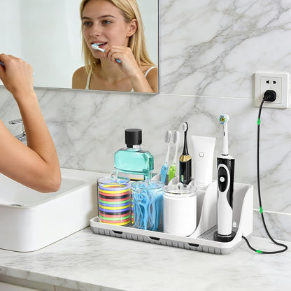 Bathrooms Toothbrush Holder Set with 3 PCS Qtip Holder (Wood Grain) | Easy to clean, Drainage, Detachable, Non-Slip, Kids Electric Toothbrush and Toothpaste Holder for Bathroom Counter Organizer