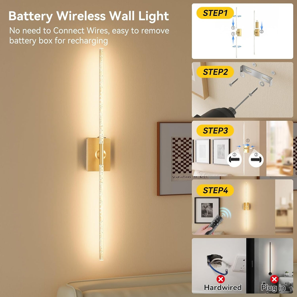 Battery Operated Wall Sconces Set of 2, Remote Control, 10000mAh, Black