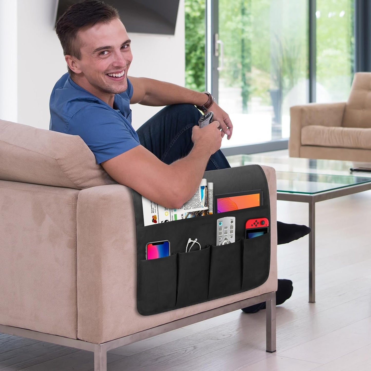 Remote Control Holder for Armchair Caddy，TV Remote Holder Over Chair Arm | Oxford Non-slip Couch Organizer, Arm Chair Caddy for Recliner With 5 Pockets for Key Glasses Phone Magazine