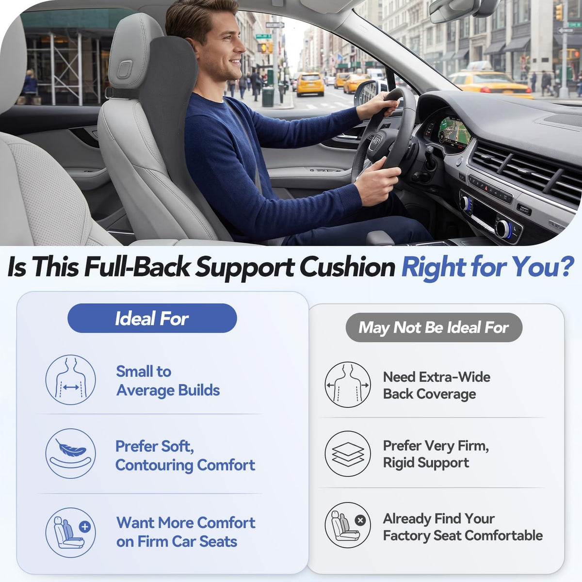 Lumbar Support Pillow for Car with Headrest, Memory Foam Cushion for Back & Neck Support, Muscle Fatigue Relief, Full-Length S-Curve Support for Long Drives, Fits Cars, SUVs, Trucks