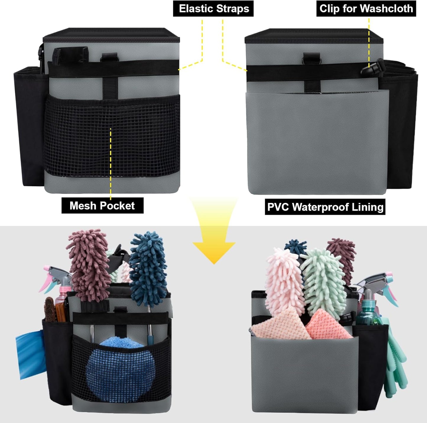Wearable Large Cleaning Caddy Bag for Housekeepers (Black&Gray) | Cleaning Supplies Organizer with Adjustable Shoulder, Waist & Handle Straps, Detailing Bag for Kitchen Supplies