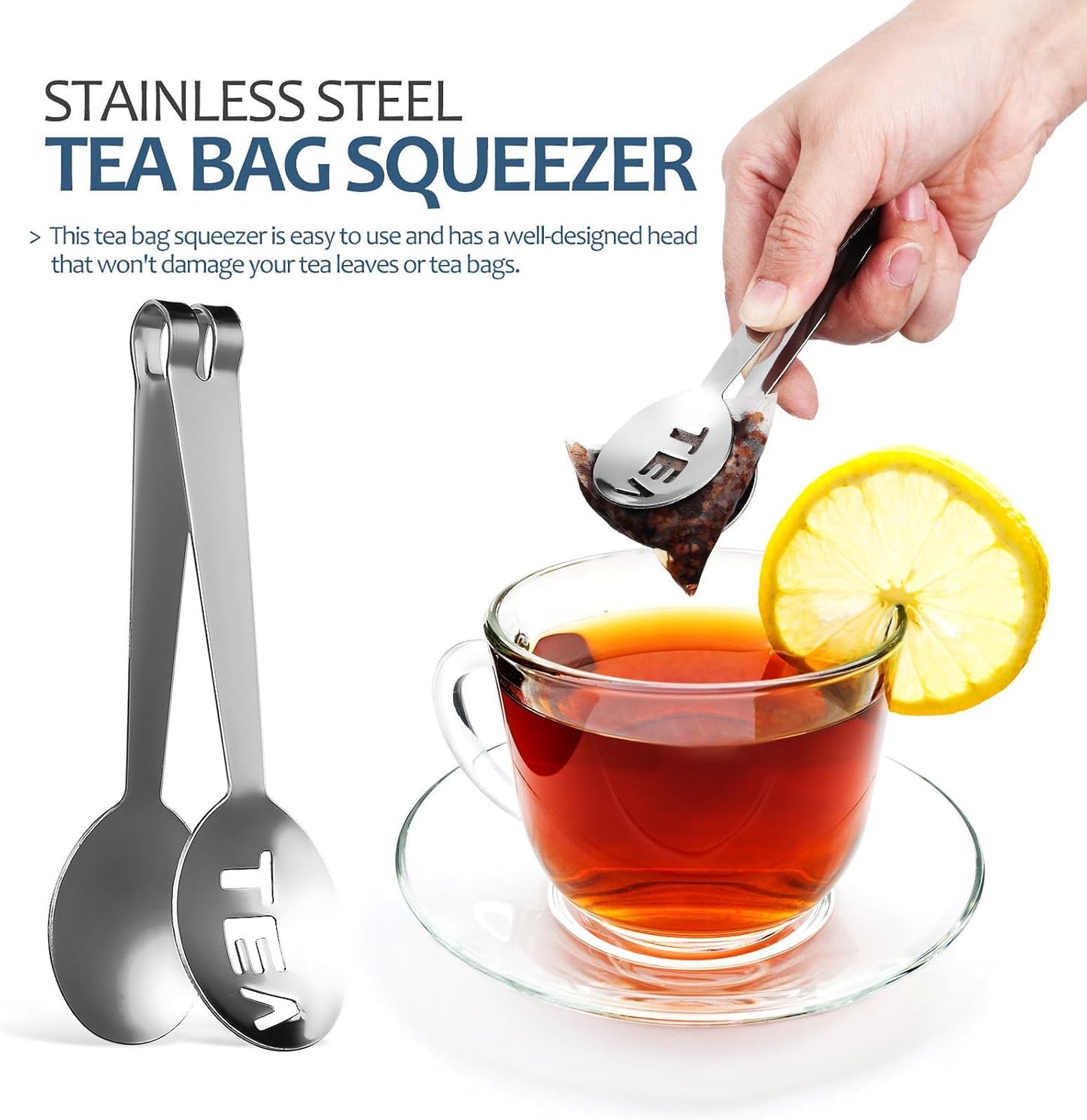 VILLCASE 6 Pcs Stainless Steel Tea Bag Squeezer Tongs Set with Ergonomic Handle and Sturdy Design for Holding Tea Bags, for Home Use and Food Serving at Parties