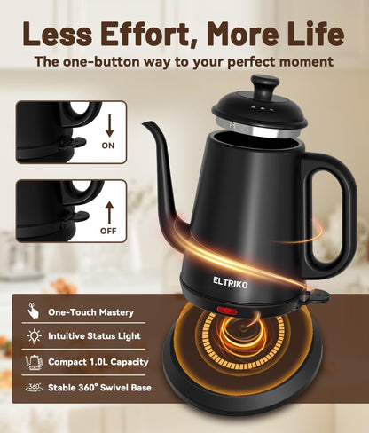 1L Gooseneck Electric Kettle for Pour Over Coffee & Tea | 1000W Fast Heating, Food-Grade Stainless Steel, Auto Shut-Off & Boil-Dry Protection, BPA-Free, Black