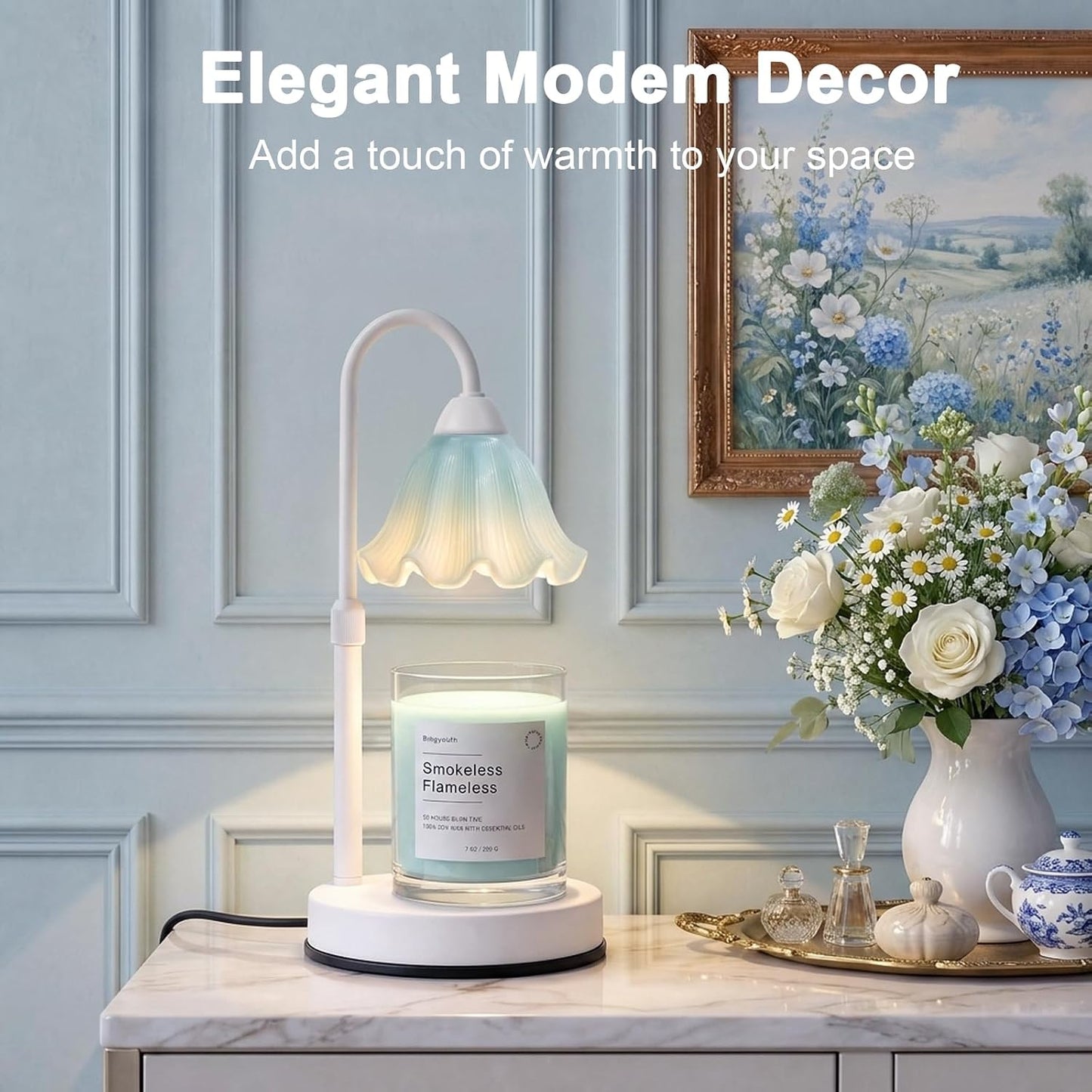 Candle Warmer Lamp with Timer, Modern Farmhouse Candle Warmer for jar Candles, Electric Wax Warmer, Includes 2 Bulbs, Housewarming, Birthday Gift for Women, Mom - White Pleated