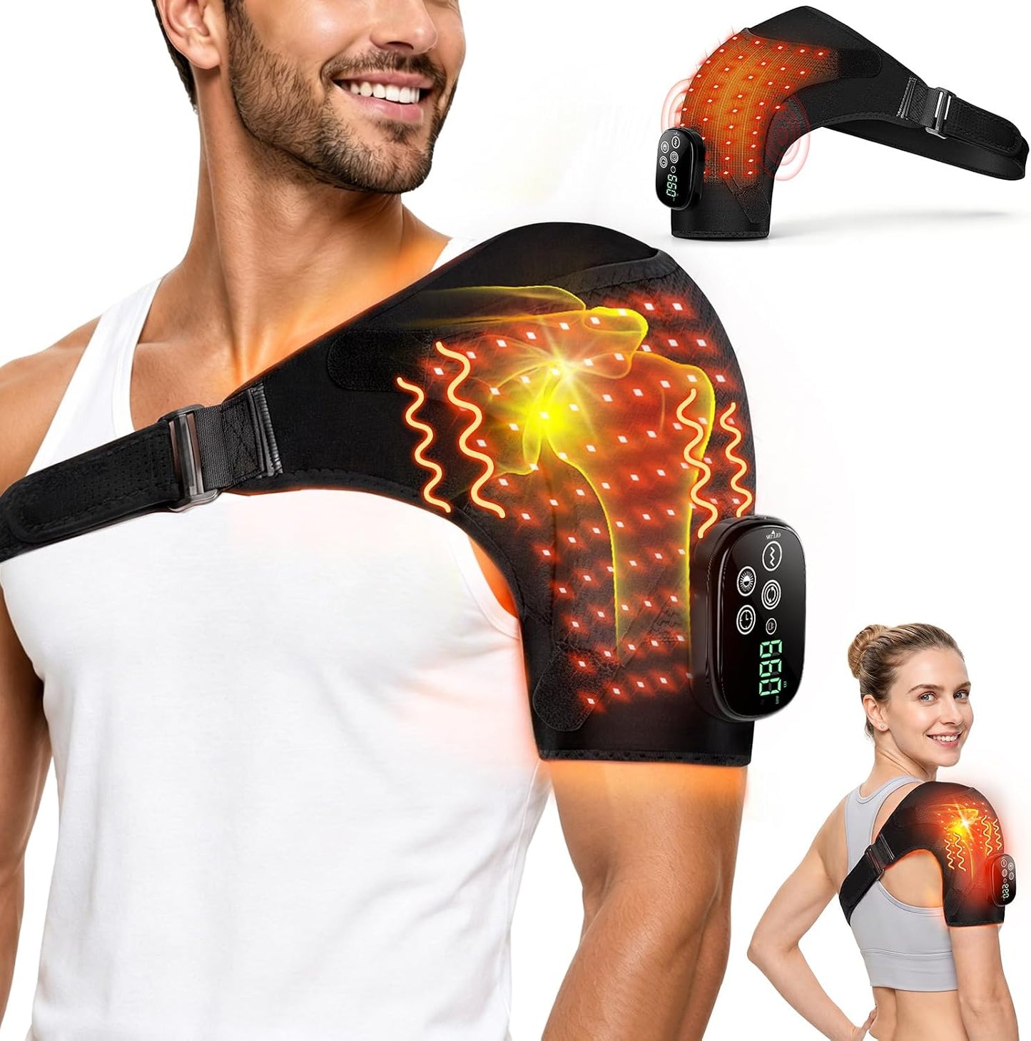 Cordless Red Light Therapy for Shoulder with Massage, 5000mAh Heating Pad for Shoulder Wrap, Adjustable Left & Right Heated Pad for Muscle Relaxation, 50 Dual-Chip LED, Gifts for Men Women, Black