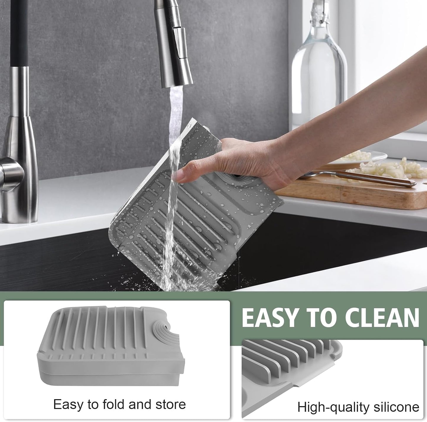 17.7-Inch Kitchen Sink Splash Guard Mat | 7° Slope for Fast Self-Draining | Snap-Lock Design | Universal & Cuttable Silicone Faucet Mat Gray