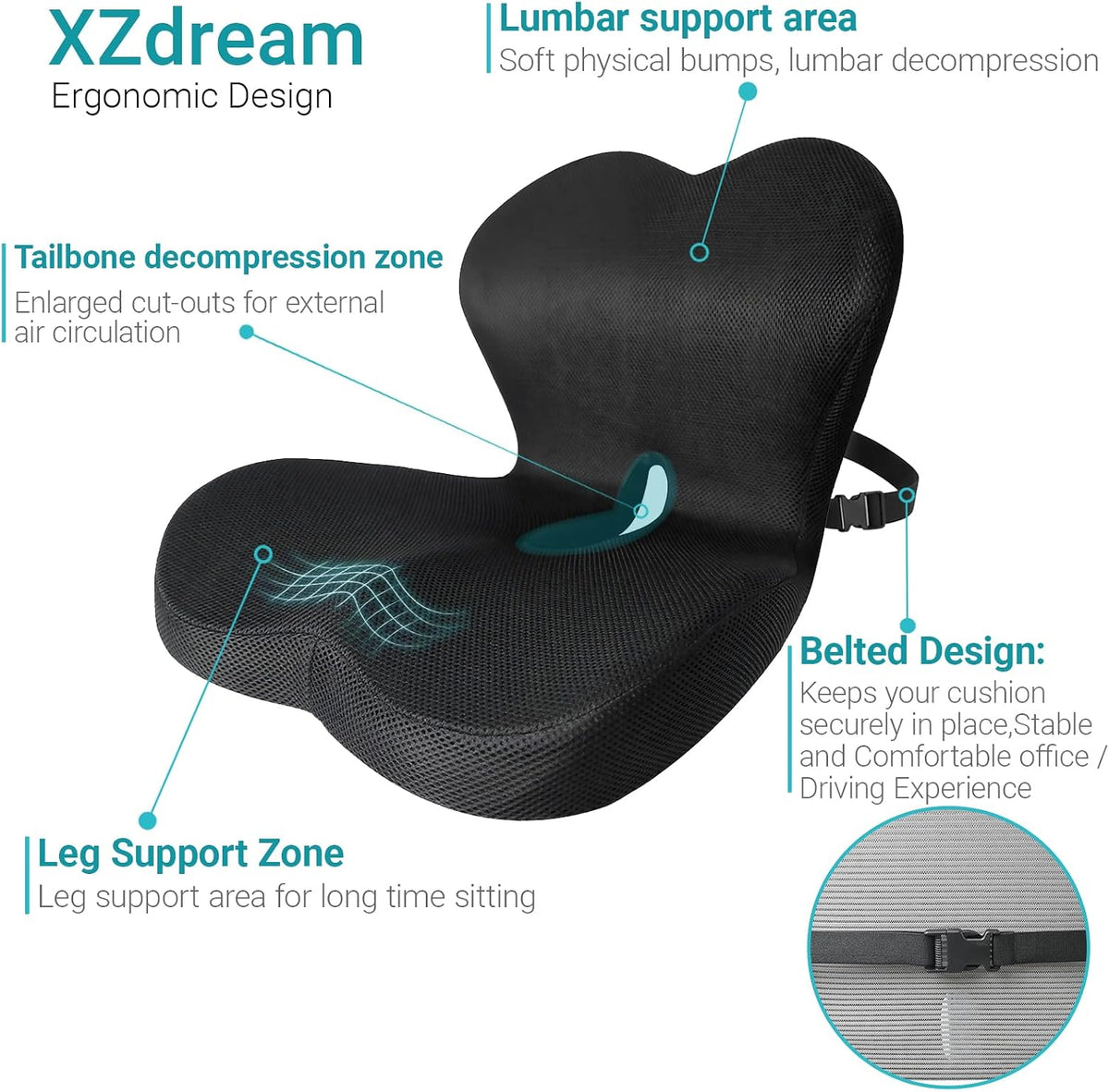 Memory Foam Seat Cushion,Office Chair Cushion with Lumbar Support for Back Pressure Relief, Car Seat Cushion with Adjustable Strap,Sciatica Pad Cushions for Car,Truck, Desk,Gaming Chair
