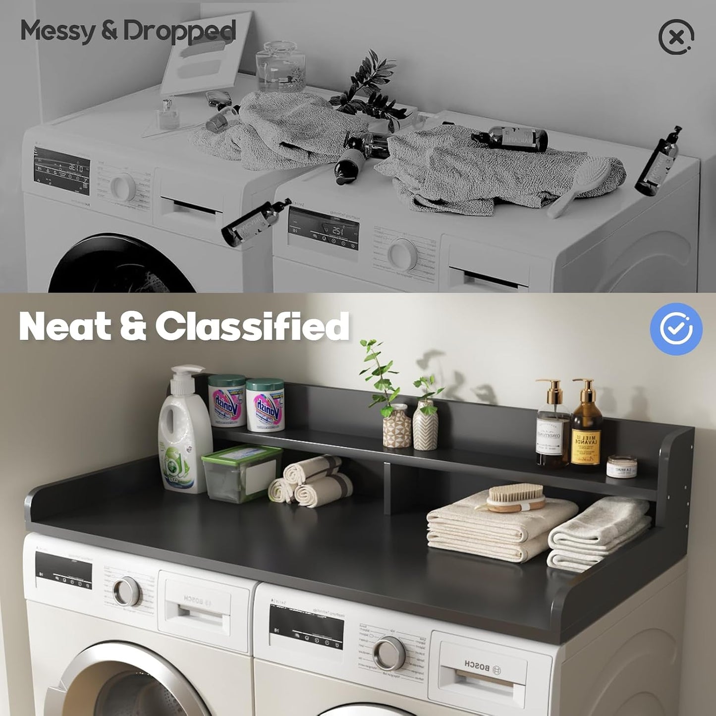 2-Tier Washer and Dryer Countertop with 2.75" H Guard,54" W x 27.5" D Laundry Countertop Cover with Non-Slip Pad,Large Space Laundry Topper for Folding Clothes Over Washer and Dryer-White