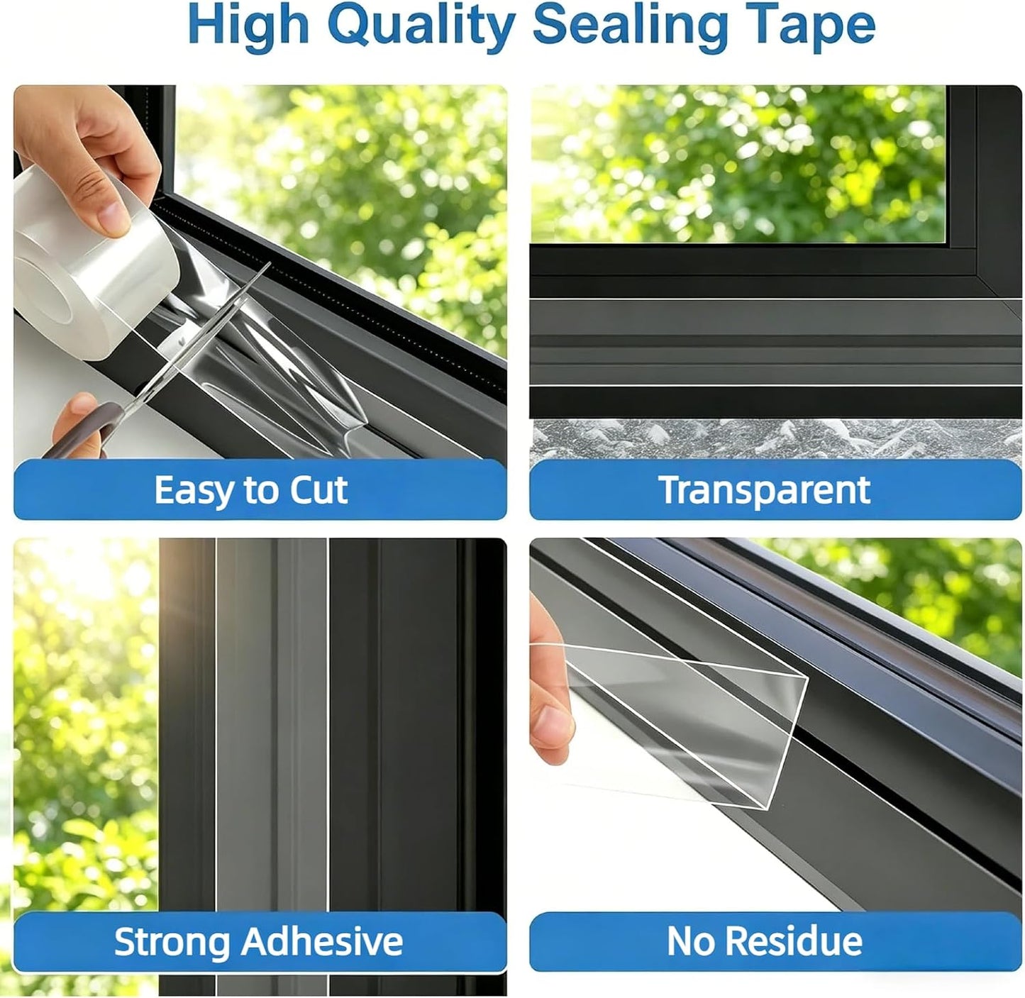 Litaibai Transparent Window Weather Sealing Tape, 2 in x 33 ft, 20 Mil | 20 mil clear PET film, removable adhesive, helps reduce drafts and energy loss, for windows, doors, and window AC units