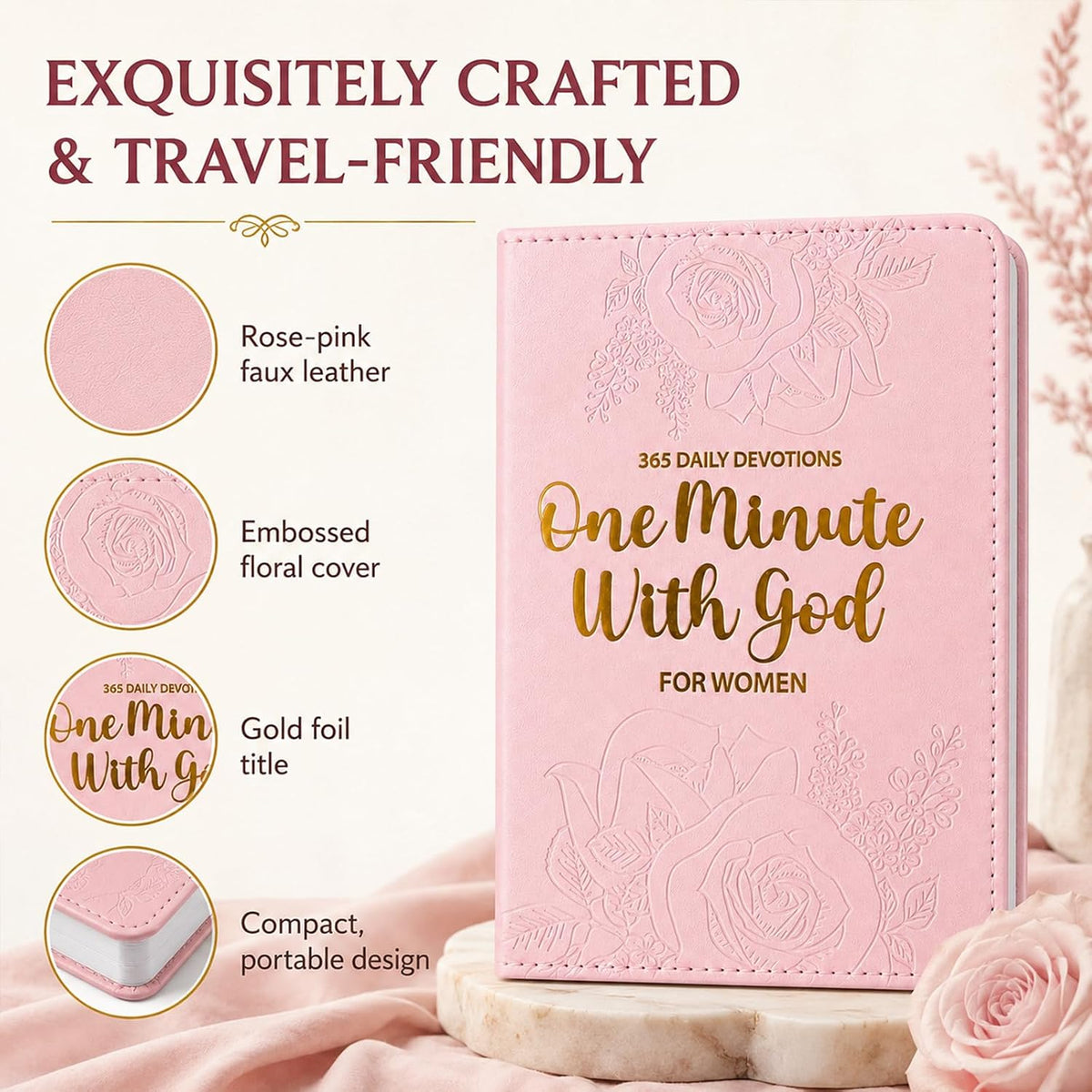 One Minute With God for Women, One Minute Daily Devotional Prayers & Reflections, Christian Prayer Journal with 365 Bible Verses, Pink Hardcover Gift for Mom, Wife, Daughter