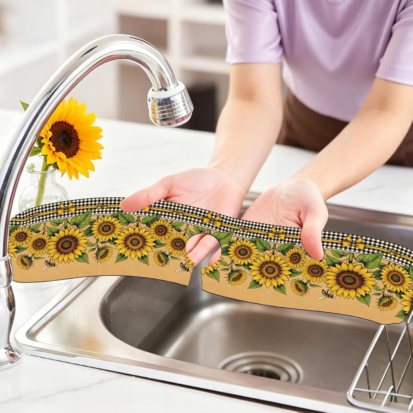 2Pcs Peonies Kitchen Sink Splash Guard Faucet Mat Vintage Florals Faucet Mat For Bathroom Kitchen 5.5x23.6In