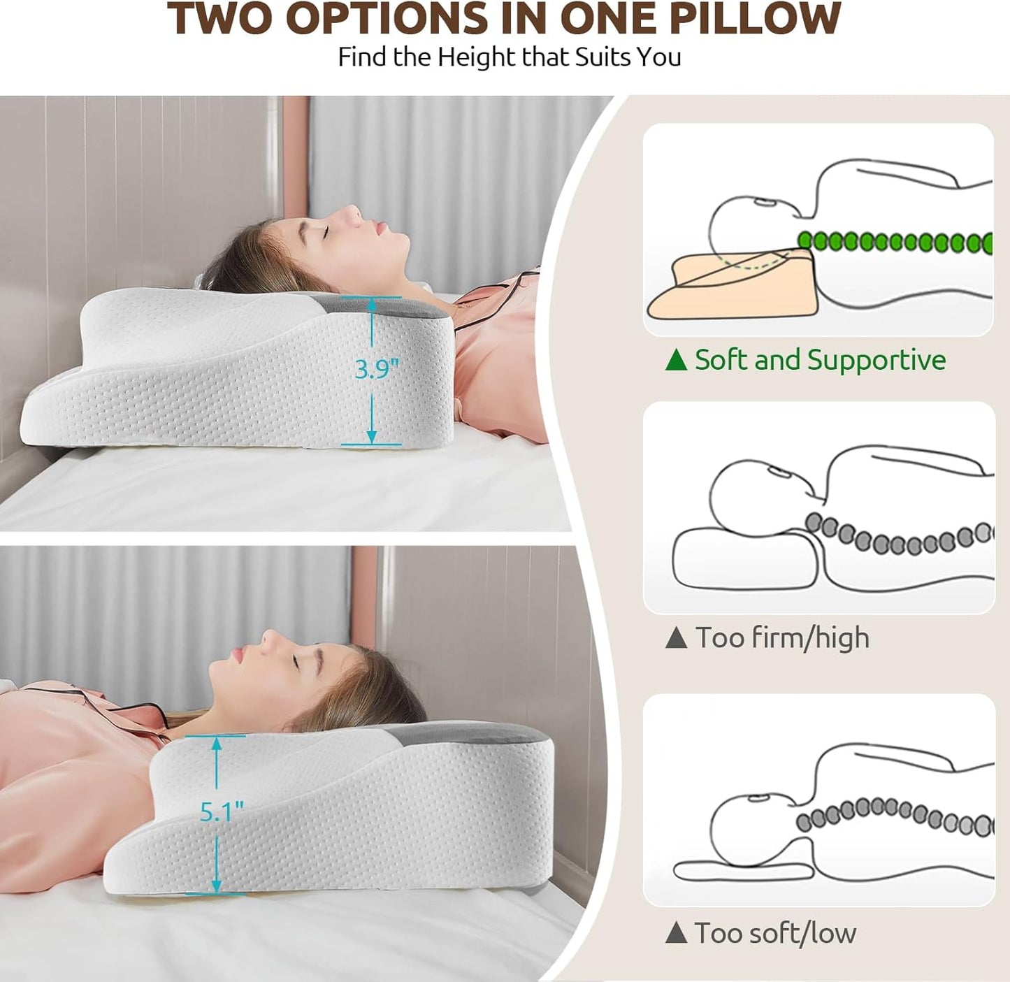 DONAMA Contour Cervical Neck Pillow for Neck Pain Relief | Queen,Ergonomic Dual-Height,Odorless Memory Foam,Side/Back/Stomach Sleepers,Cooling Hypoallergenic Cover,OEKO-TEX Certified