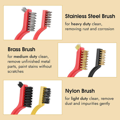 Wire Brush for Cleaning, Small Brass Steel Nylon Brush, Metal Rust Remover | 6 Pcs, Rust/Grease/Paint Removal on Metal/Wood/Grill, Curved Head for Tight Spots, with Hang Hole, Ergonomic Handle, 7 in