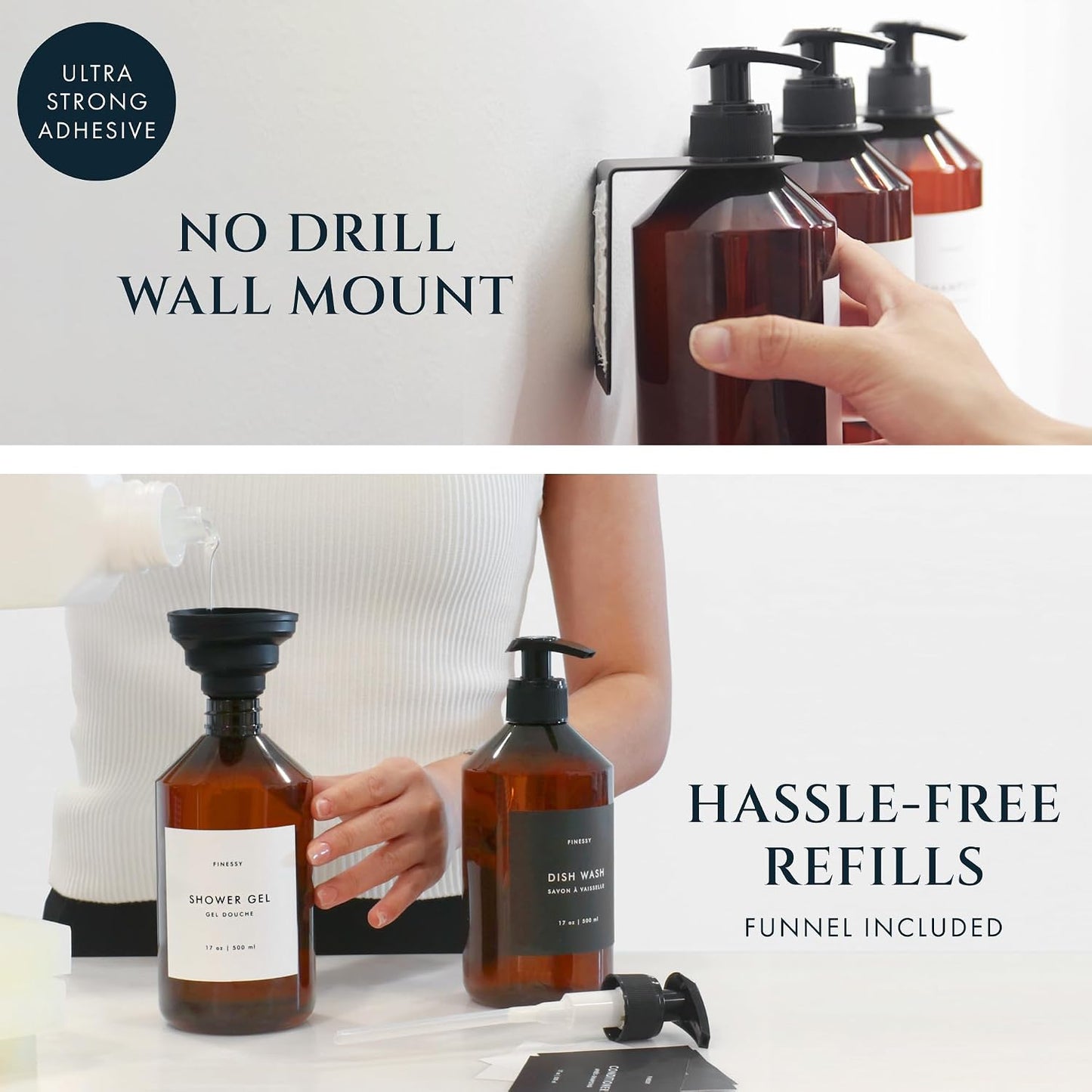 FINESSY Amber Shampoo and Conditioner Dispenser for Shower Wall No Drill | 3 Plastic 17oz Fillable Shower Bottles With Labels. Shower Shampoo Dispenser Wall Mounted. Airbnb Empty Soap Pump Bottles.