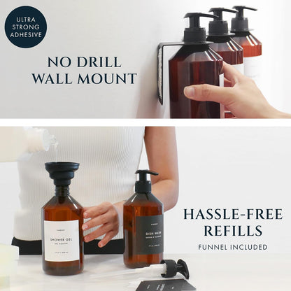 FINESSY Amber Shampoo and Conditioner Dispenser for Shower Wall No Drill | 3 Plastic 17oz Fillable Shower Bottles With Labels. Shower Shampoo Dispenser Wall Mounted. Airbnb Empty Soap Pump Bottles.