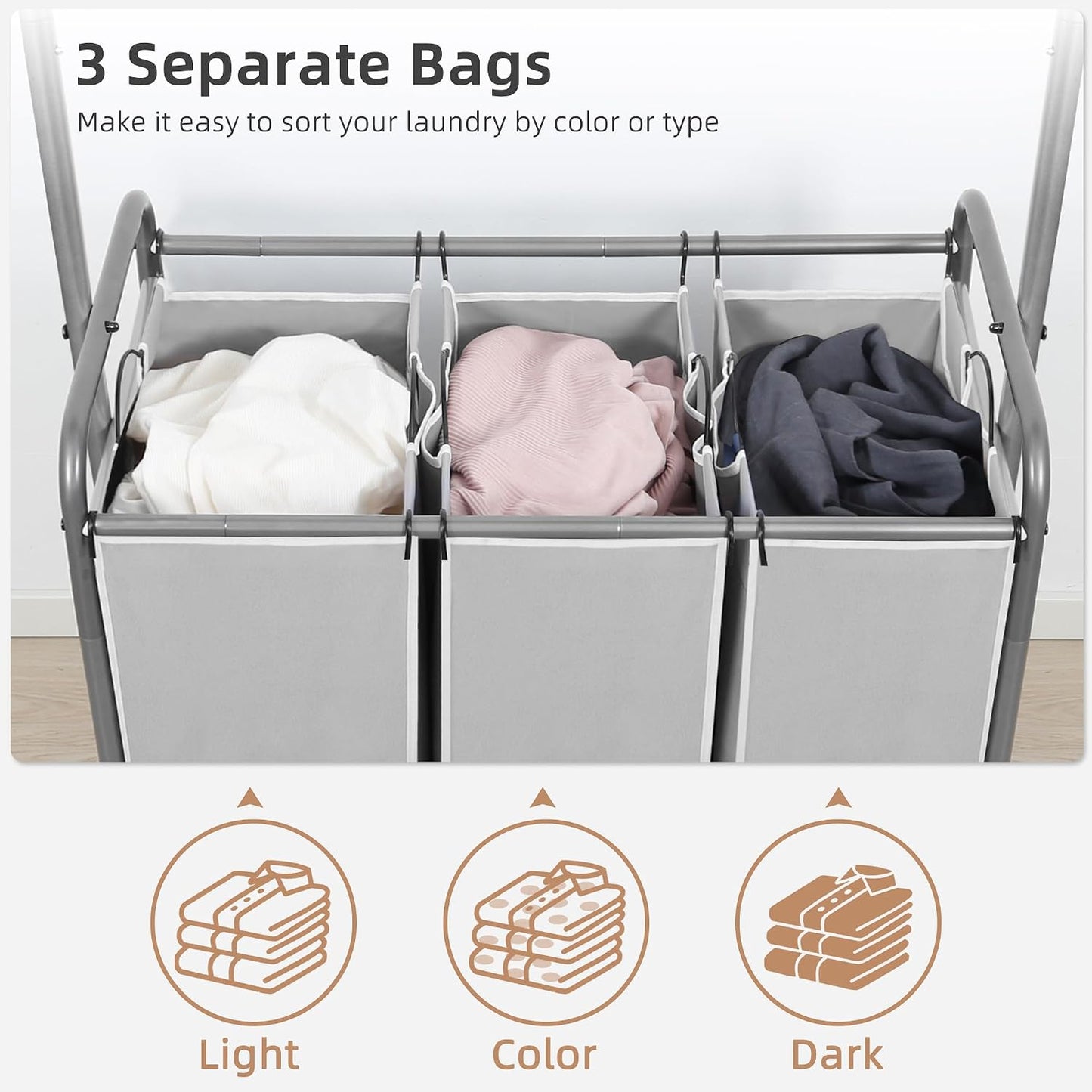 STORAGE MANIAC Laundry Sorter with Hanging Bar, Portable, Removable Laundry Hamper Cart with Heavy Duty Lockable Wheels and Removable Bags, Rolling Laundry Basket Organizer 181L, 4 Section Gray