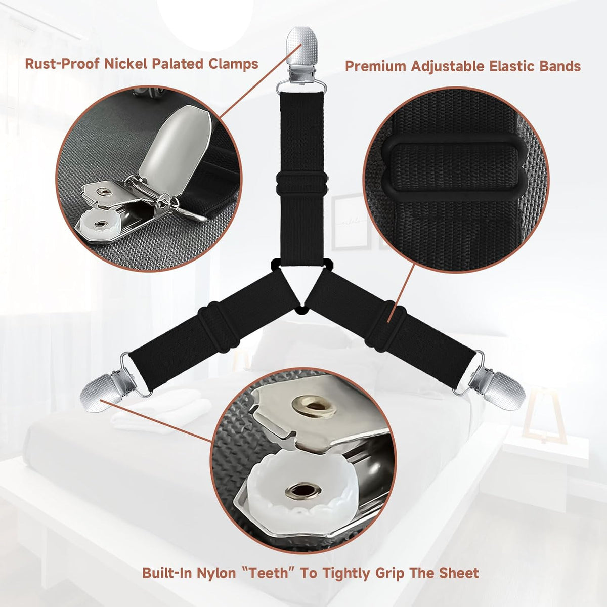 Bed Sheet Straps, Upgrade Fitted Bed Sheet Holders for Corners, Non Slip Sheet Clips White
