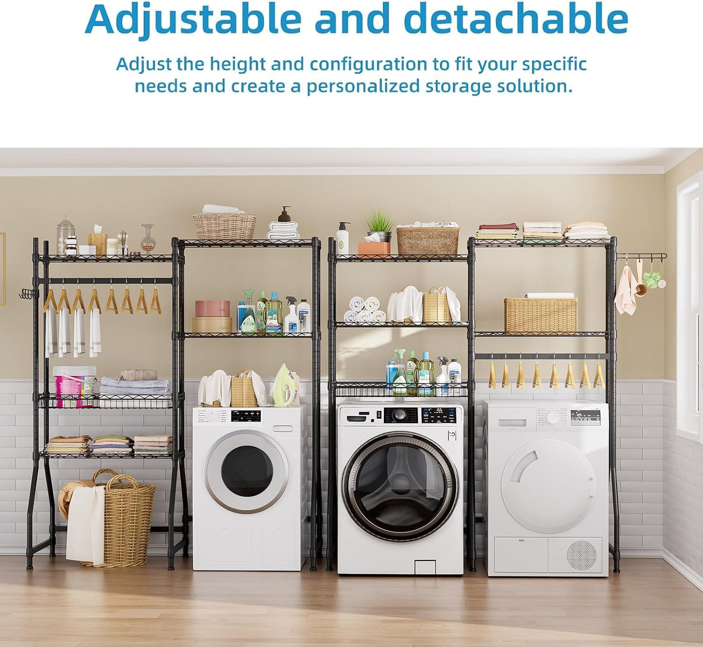 Golpart Laundry Organizer Shelves Over the Washer and Dryer Storage Shelf | Heavy Duty Laundry Room Organization Clothes Drying Rack Adjustable Height Wire Shelving and Wire Basket with Hanger Rod