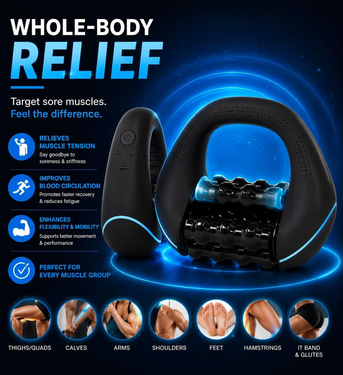 Electric Muscle Roller, Deep Tissue Percussive Electric Massager for Post-Workout & Muscle Recovery, Handheld Tool with 3-Speed Motor, 6 Heads & 24 Massage Points