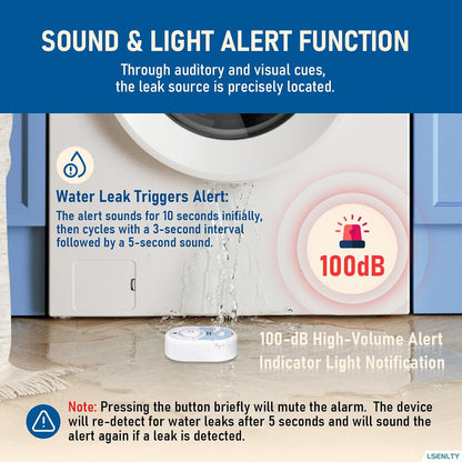 LSENTLY Water Leak Detector Supports 5 Years Standby Time, LED Indicator & 100dB Leak Alarm & Low Battery Reminder Water Alarm, IP66 Waterproof for Home, 3 Pack (Cannot Connect Wi-Fi)