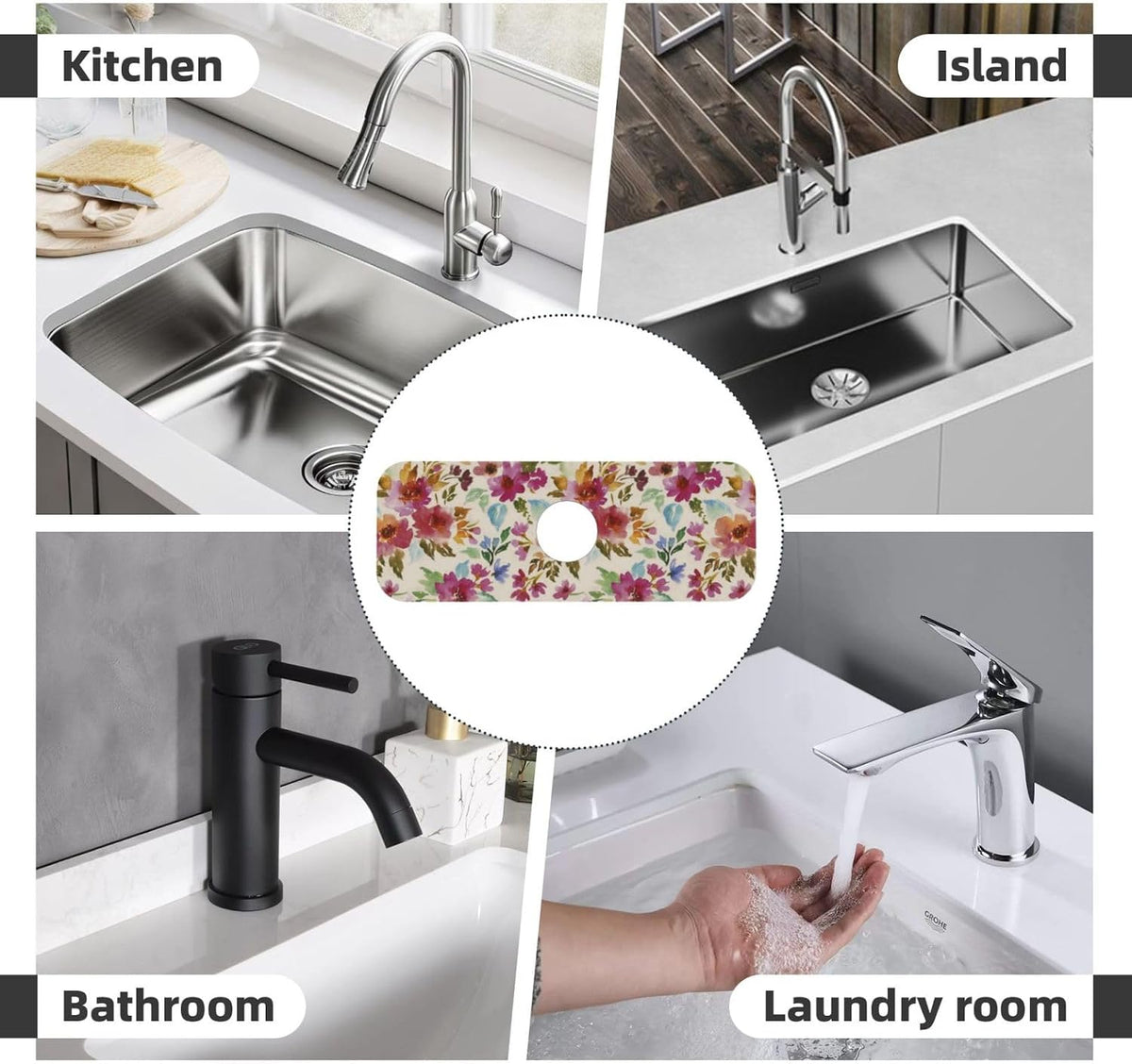 Aquamarine Blue Mexican Tiles Faucet Splash Guard Mat for Kitchen Sink 15x5.5" - Colors B