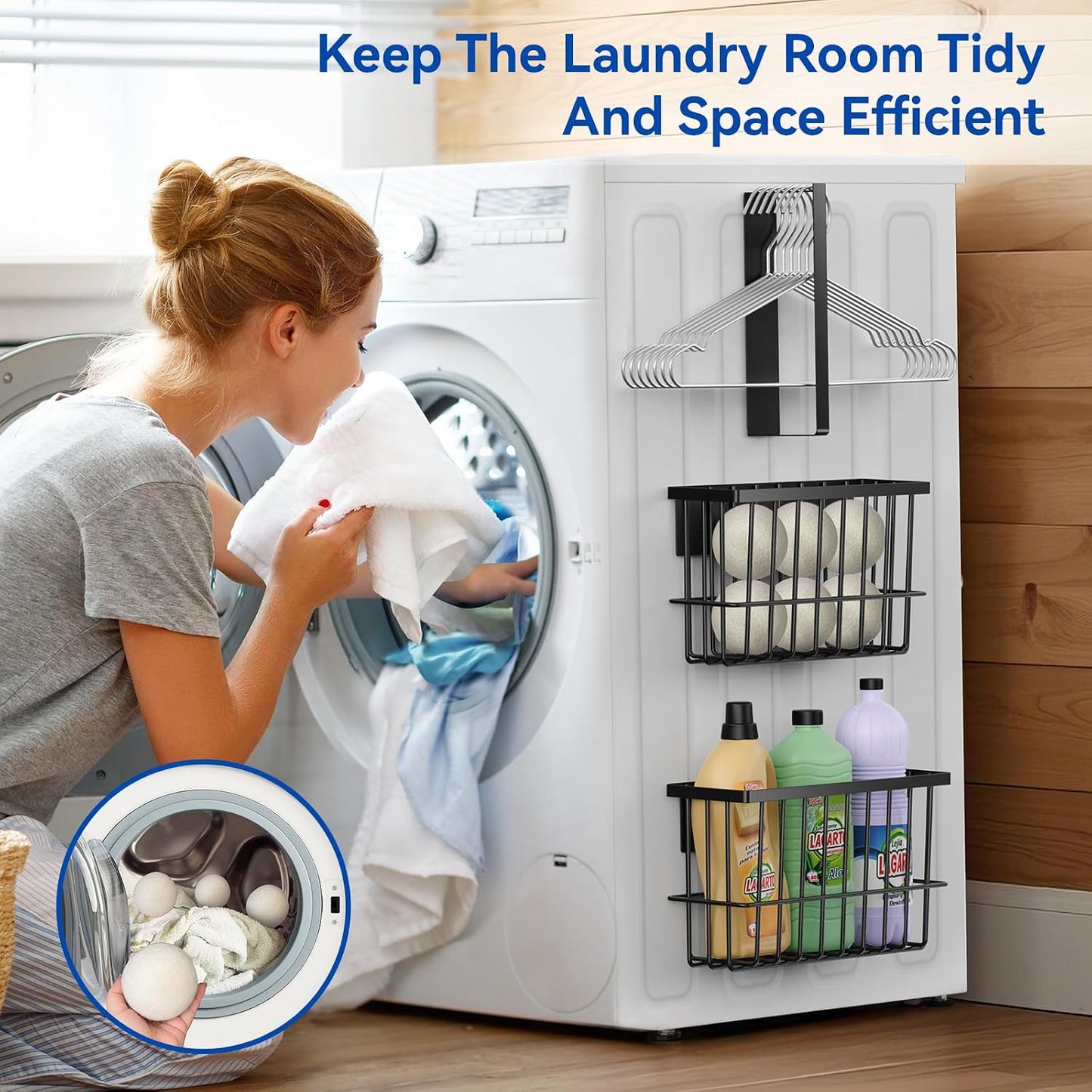 Laundry Room Organization and Storage Magnetic Dryer Ball Holder with Magnetic Hanger Holder, Magnetic Lint Bin for Washer Dryer, Iron Basket Dryer Ball Container, Magnetic Laundry Organizer (Black)