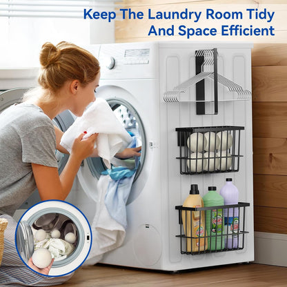 Laundry Room Organization and Storage Magnetic Dryer Ball Holder with Magnetic Hanger Holder, Magnetic Lint Bin for Washer Dryer, Iron Basket Dryer Ball Container, Magnetic Laundry Organizer (Black)
