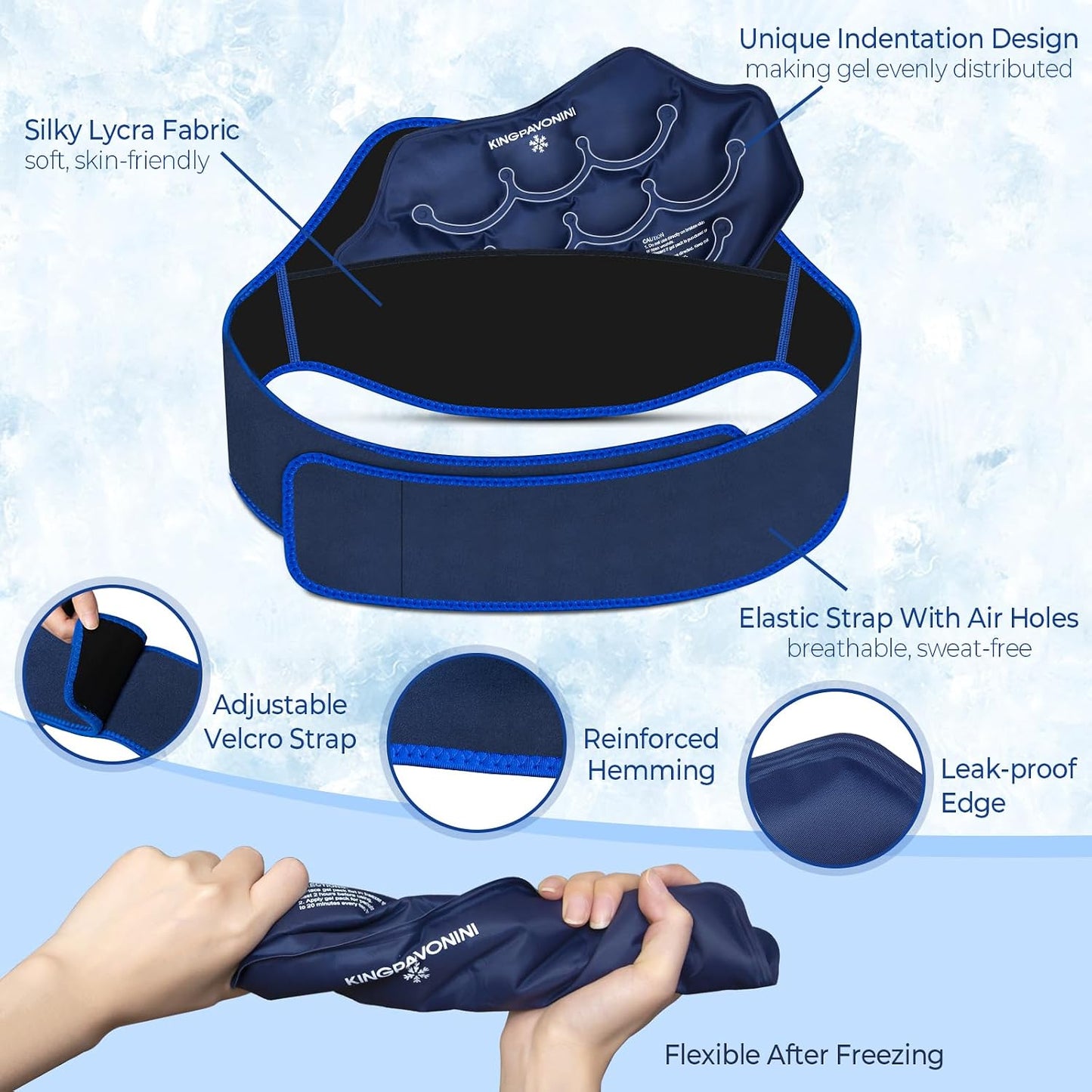 KingPavonini Extra Large Ice Pack for Back Pain Relief, 2 Gel Packs, Blue | 35-Min Long-Lasting & Instant Pain Relief, Leakproof Back Ice Pack, Extension Strap, Hot Cold Therapy, Skin-Safe Lycra Fabric