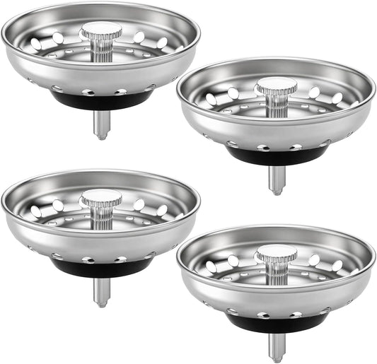 Kingrol 4 Pack Kitchen Sink Strainer Baskets with Removable Rubber Stoppers, Stainless Steel Replacement for Select 3.5" Basket Strainer Drains, Easy Clean, Rust Resistant