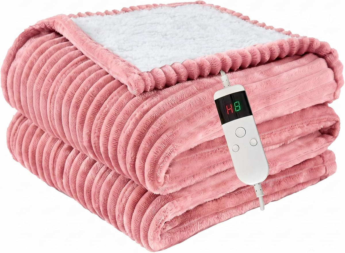 Heated Blanket Electric Throw, Soft Flannel Heating Blanket with 8 Hours Auto Off 10 Fast Heating Levels Machine Washable Sherpa Heated Blanket with Overheating Protection