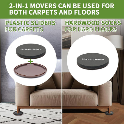 2 in 1 Furniture Sliders, 8 PCS in 3 1/2" or 4", Brown | Furniture Sliders for Hardwood Floors, Furniture Sliders for Carpet, Sliders for Moving Furniture, Furniture Movers Sliders
