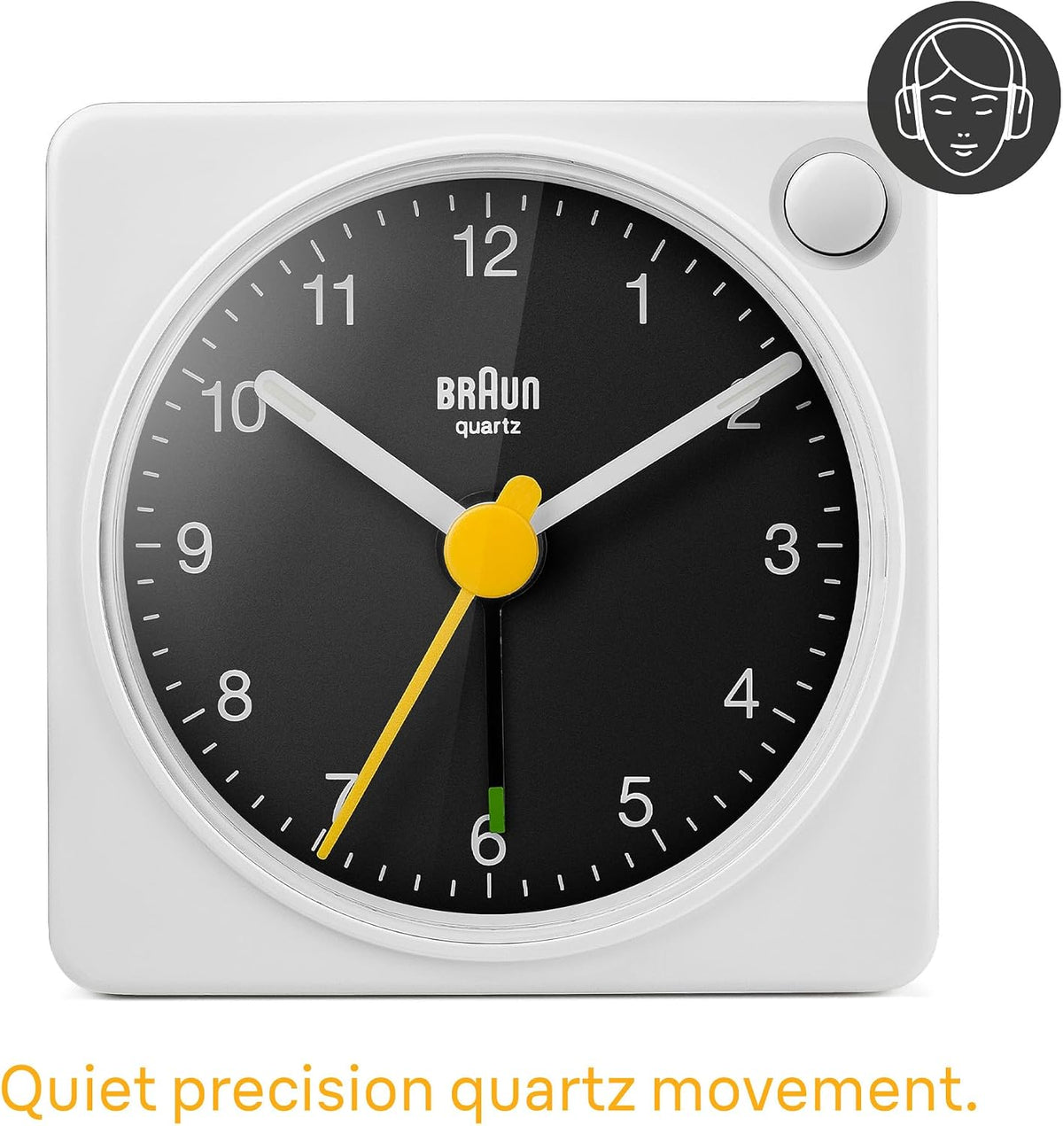 Braun Classic Travel Analogue Alarm Clock with Snooze and Light, Compact Size, Quiet Quartz Movement, Crescendo Beep Alarm in Black and White, Model BC02XBW.