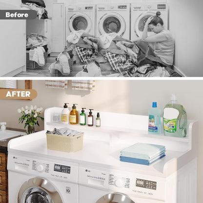 2-Tier Washer Dryer Countertop with 2.75" H Edge Rails, 54" W x 27.55" D Laundry Countertop for Folding Clothes, Washer and Dryer Topper with Non-Slip Pad (Dark Walnut)