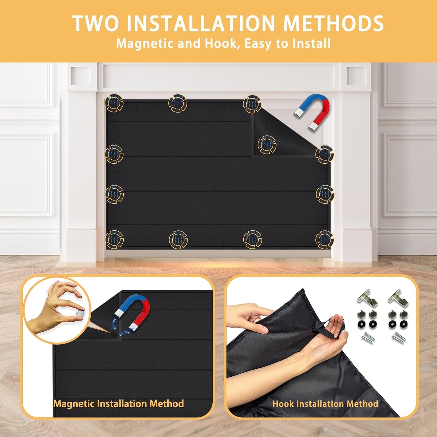 JUIN Fireplace Cover for Baby Proof: 43×36 Magnetic Fire Place Blanket for Indoor Brick Fireplace - Fireplace Draft Stopper Tool with 12 Strong Magnets for Heat Loss Living Room Insulation